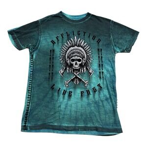 Affliction Shirt Men L Green Native Skull Chief Motorcycle Biker Grunge Y2K